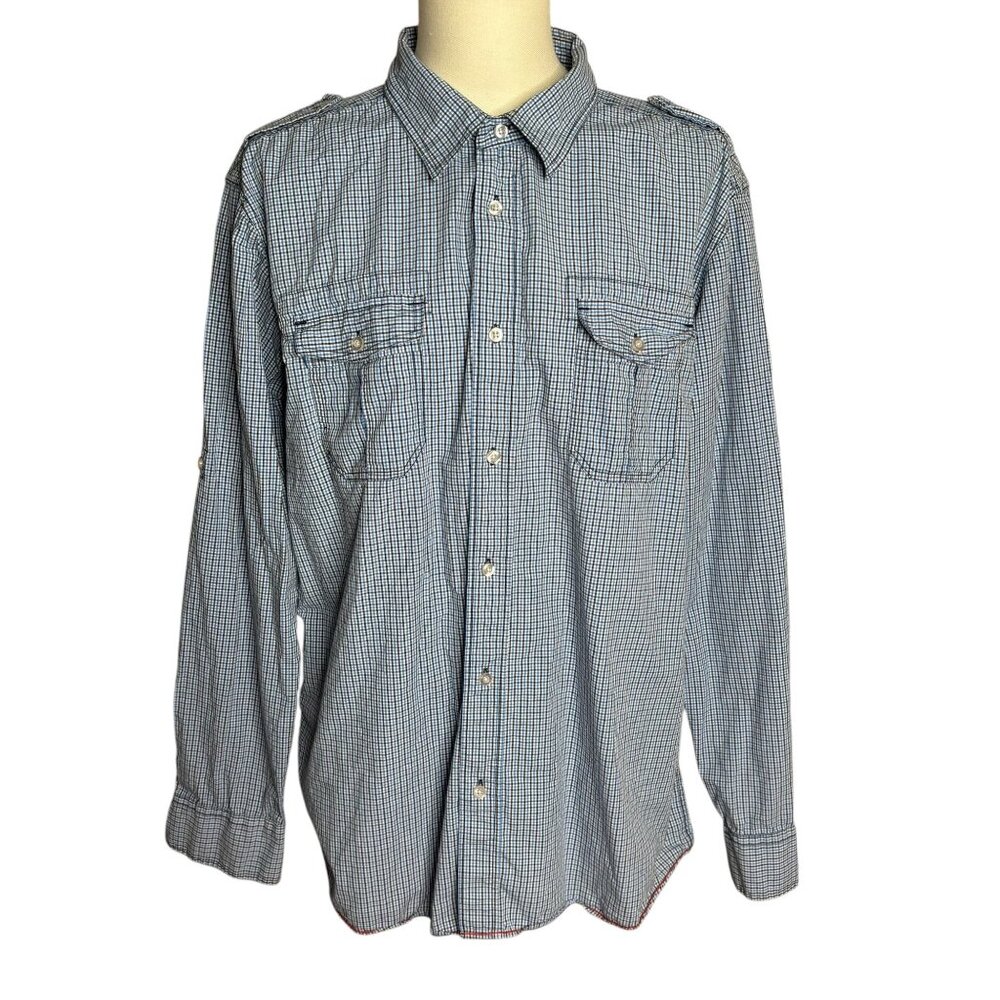 Eighty Eight Button Up Roll Tab Sleeve Shirt XXL Blue Black Checkered Pockets